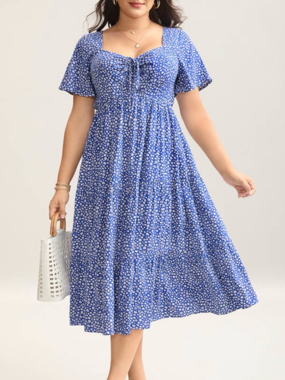 BloomChic Royal Blue Ditsy Floral Sweetheart Drawstring Tiered Midi Dress